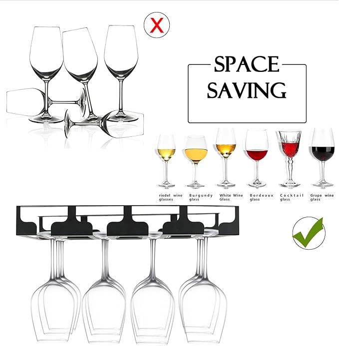 Wine Glass Rack - Under Cabinet Stemware Wine Glass Holder Glasses Storage Hanger Metal Hanging Organizer for Bar Kitchen 4 Rows Black-Ruum Studio Home