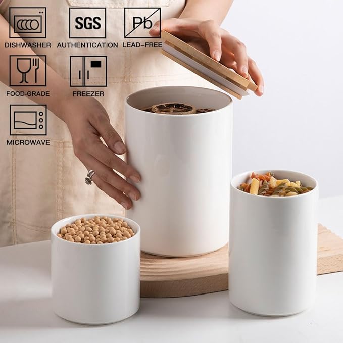 Sweejar Ceramic canisters for kitchen counter,Stackable Food Containers Set with Airtight Seal Bamboo Lid for Serving Ground Coffee, Tea, Spice, Flour and Sugar-Set of 3 (White)-Ruum Studio Home