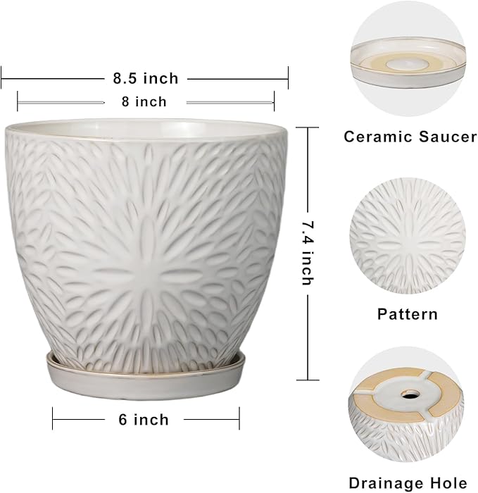 G EPGardening 8 Inch Ceramic Plant Pot with Drainage Hole and Saucer Round Planter Pot for Indoor Outdoor Plants Modern Large Flower Pot White-Ruum Studio Home