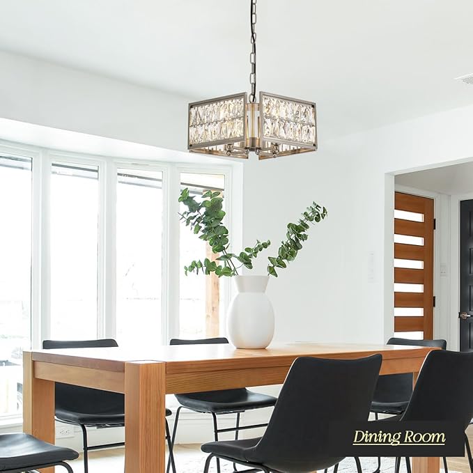 12” 4-Light Modern Crystal Chandeliers Nickel Dinning Room Light Fixture, Square Pendant Light Kitchen Island Chandelier, Flush Mount Ceiling Light for Living Room Entryway Bedroom Foyer-Ruum Studio Home