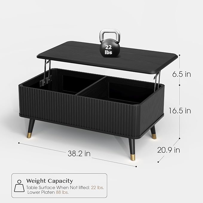 Lift Top Coffee Table with Storage Shelf & Hidden Compartment, Mid Century Modern Fluted Rectangle Dining Table for Living Room, Home Office,Black-Ruum Studio Home