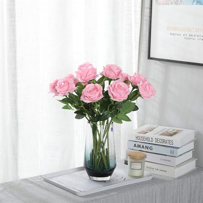 Pink Fake Roses Artificial Flowers - 10 Pcs Fake Artificial Roses Silk Flowers with Stems for Home Wedding Hotel Office Centerpiece Decor-Ruum Studio Home