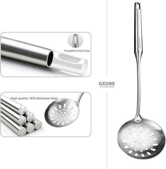 Skimmer Slotted Spoon,304 Stainless Steel Slotted Spoon, Handle Mesh Food Strainer Stainless Steel Colander with Hollow Handle Heat Resistant Cooking Tool,Silver/15.1Inch-Ruum Studio Home