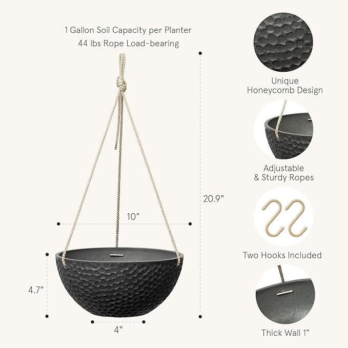 LA JOLIE MUSE Hanging Planters for Indoor Plants, Medium Hanging Planters with Drain Holes, Outdoor Hanging Flower Pots, Matte Black, Honeycomb (10 Inch, Set of 2)-Ruum Studio Home