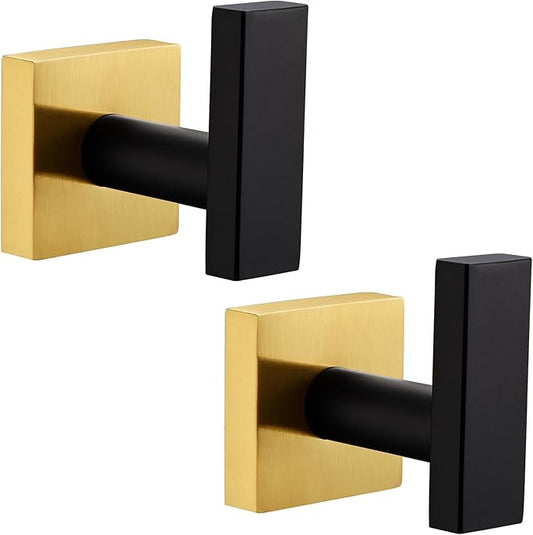 Angle Simple Bathroom Towel Hook 2 Pack, SUS 304 Stainless Steel Bath Robe Coat Holder Wall Mounted, Black & Gold-Ruum Studio Home