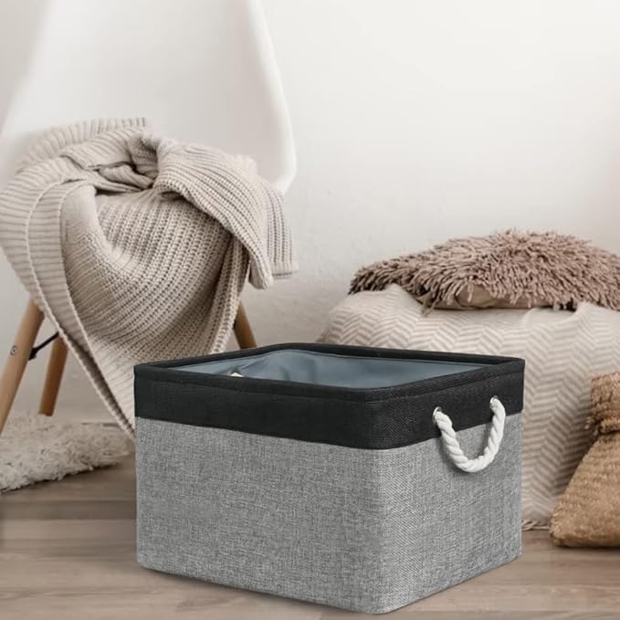 Organization and Storage Bins for Shelves - 17X15X12 inch 2 Pack Foldable Baskets for Organizing, Fabric Storage Cubes with Rope, Storage Box for Decorative Cloth (Black & Grey)-Ruum Studio Home