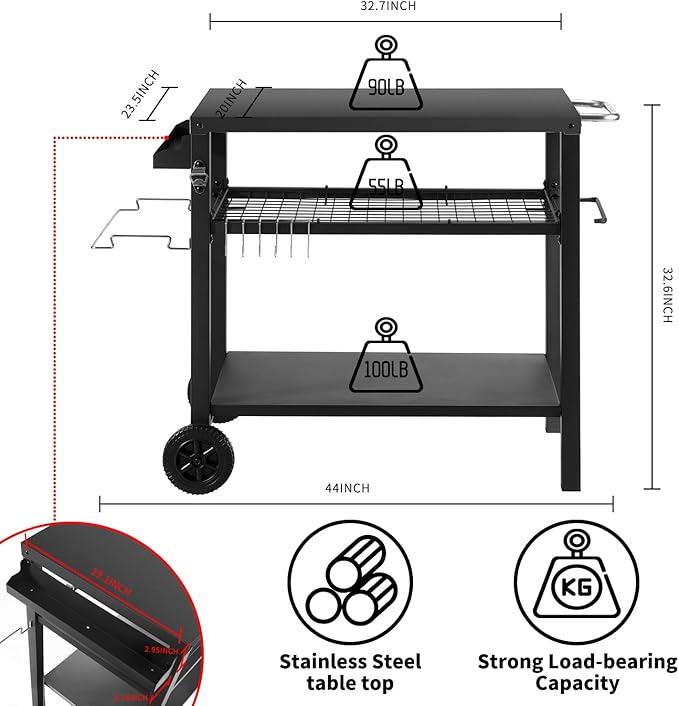 Dining Cart Table with Three Shelf, Movable Outdoor BBQ Grill Pizza Oven Stand with Three Hooks, Kitchen Cart Island Multifunctional Food Prep Table for Inside and Outside (Black)-Ruum Studio Home