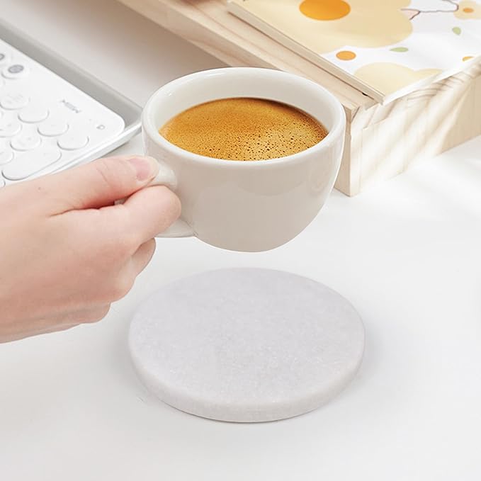 White Marble Coasters with Bling Particles, Set of 6 - Natural Marble Stone Drink Coaster with Protective Silicone Feet, 4 inch Diameter, 0.4 inch Thick - Heat-Resistant Coasters for Coffee Table-Ruum Studio Home