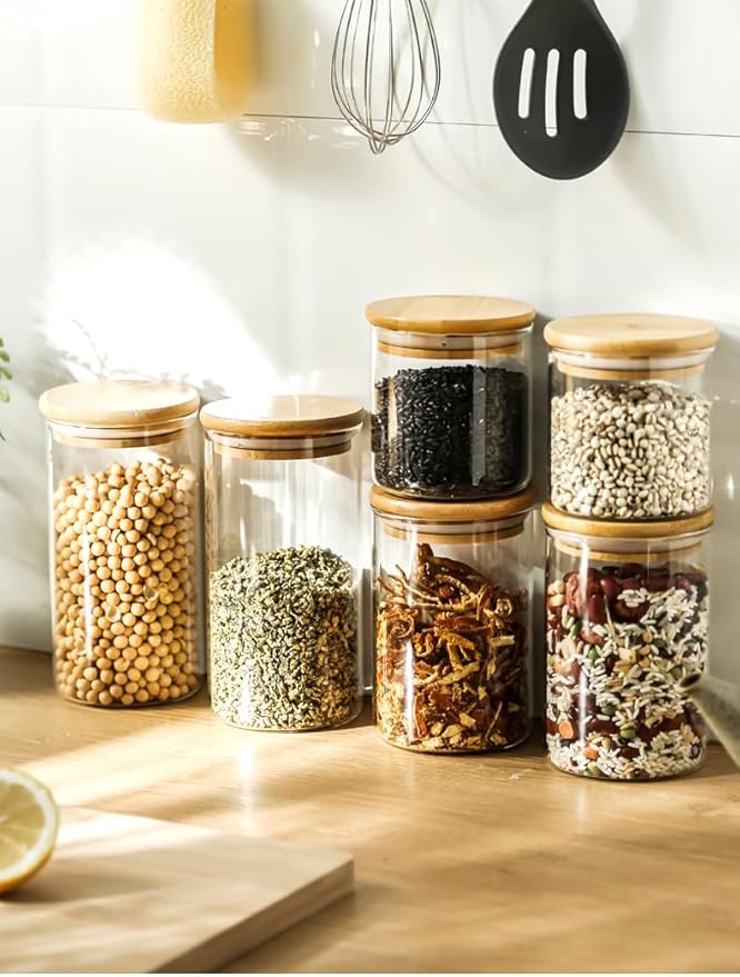 17oz Glass Food Storage Jars, Glass Jars with Bamboo Lids, Kitchen Storage Jars, Set of 12, Canisters with Airtight Lids for Spice, Coffee, Cookie, Pantry Organizers-Ruum Studio Home