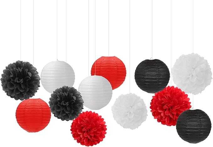 Red-Black White Party-Decorations Paper Flowers Lanterns - 15PCS Halloween Birthday Tissue Pom Poms Streamers,Wedding Baby Bridal Shower Hanging Supplies Decor Hugfond-Ruum Studio Home