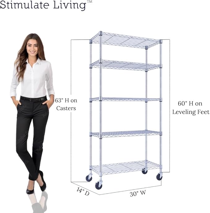 30"x14"x60" PRIME HEAVY DUTY Chrome 5-Tier Wire Shelving 1,750 LBS MAX Capacity Storage Rack for Commercial, School, Home, Garage, Warehouse, Industrial, and Hospital Uses (with Wheels)-Ruum Studio Home