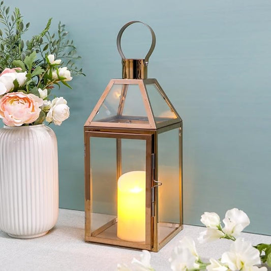 JHY Design Rose Gold Decorative Lanterns 16 inch High Stainless Steel Candle Lanterns with Tempered Glass for Indoor Outdoor Events Parities and Weddings-Ruum Studio Home