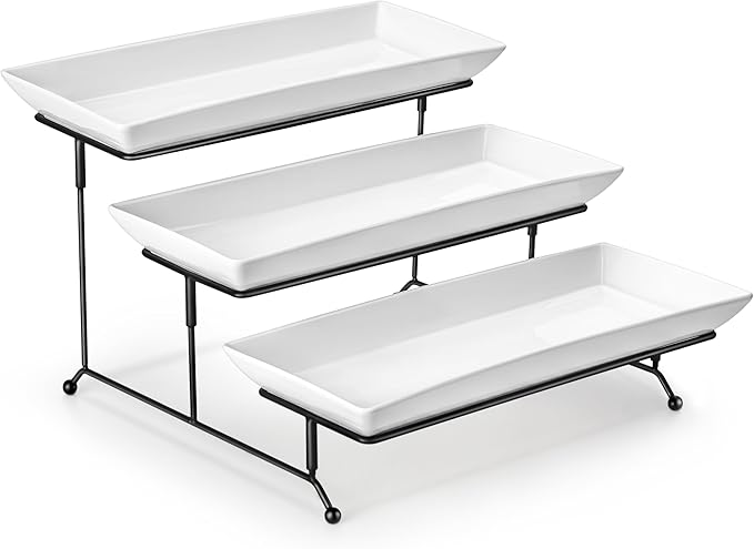 MALACASA 3 Tier Serving Tray, Porcelain Tiered Cupcake Stand, Ceramic Elevated Serving Platter with Collapsible Sturdier Rack,Series PLAT (White, 14 Inch)-Ruum Studio Home