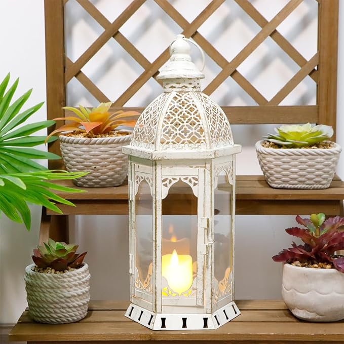 JHY DESIGN Decorative Candle Lantern 15''H Vintage Metal Candle Holder for Garden Living Room Indoor Outdoor Parties Weddings Patio(White with Gold Brush)-Ruum Studio Home