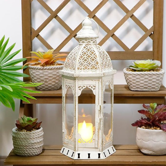 JHY DESIGN Decorative Candle Lantern 15''H Vintage Metal Candle Holder for Garden Living Room Indoor Outdoor Parties Weddings Patio(White with Gold Brush)-Ruum Studio Home