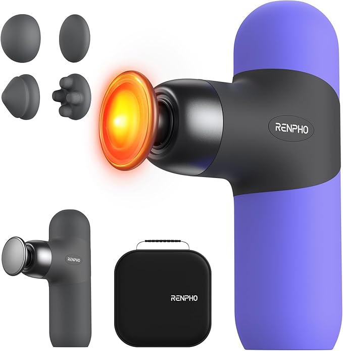 RENPHO Mini Thermal Massage Gun with Heat, Portable Deep Tissue Percussion Massager, Color Silicone Sleeves Travel Size with Carry Case, Purple-Ruum Studio Home