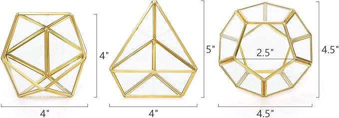 Mkono 4 Inches Mini Glass Geometric Terrarium Container Set of 3 Modern Tabletop Planter Shelves Decor Display Centerpiece for Succulent Miniature Fairy Garden Air Plant, Gold (Plant Not Included)-Ruum Studio Home