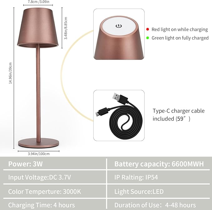 Maksone 2 Pack LED Cordless Table Lamp, 6600mWh Rechargeable Battery Desk Lamp, 3000K Stepless Dimming Night Light, IP54 Waterproof Metal Outdoor Portable Lamp for Camping, Restaurant(Brown)-Ruum Studio Home