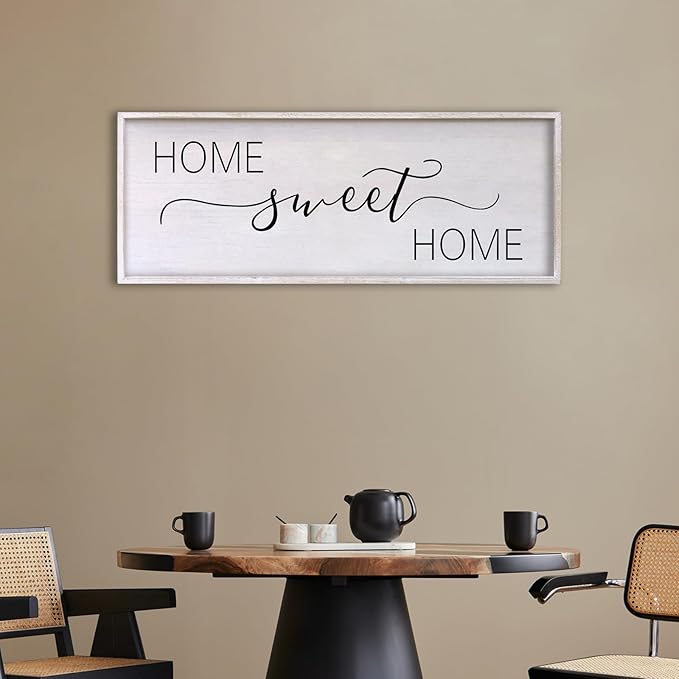 Home Sweet Home Sign Wall Decor 40"x15" Above Bed Living Room Large Wooden Framed Family Plaques Art (White)-Ruum Studio Home