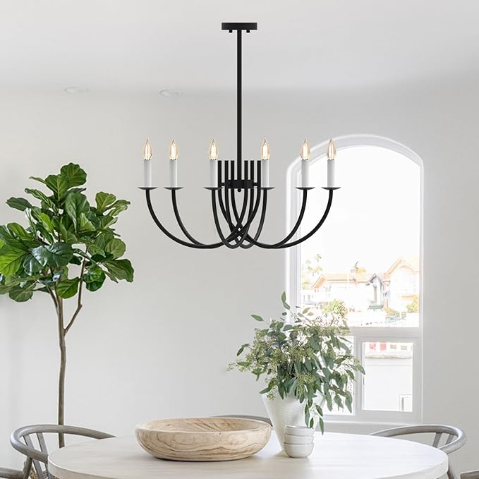 Black Dining Room Chandelier, LED Hanging Lamp Ceiling, Modern Round Candle Pendant Light Fixtures for Farmhouse Living Room Bedroom Kitchen Island (Black-C 6Lights)-Ruum Studio Home