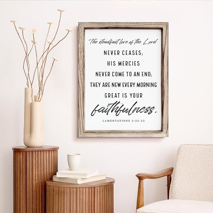 Christian Wooden Wall Signs, Living Room Decor, Home Church Decor for Room, Framed Wall Plaque Sign 15 * 11.5 inches, The Steadfast Love of the Lord Never Ceases Sign-Ruum Studio Home