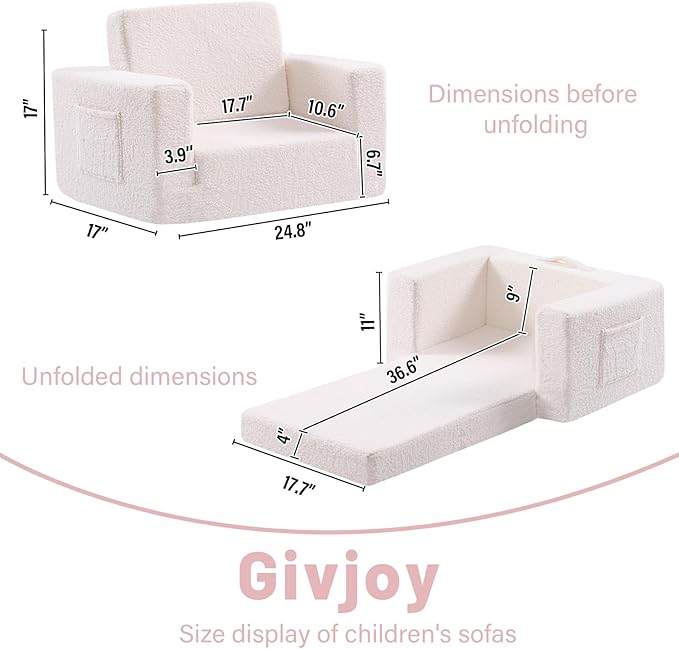 Toddler Chair Sherpa Kids Couch, 2-in-1 Soft Kids Sofa Lounger for Bedroom, Convertible Couch for Girls and Boys, Reading Chair, Beige-Ruum Studio Home