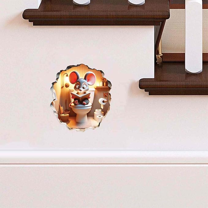 3D Mouse Sitting on Toilet - Mousehole Wall Sticker Decal - Removable Bathroom Decor - Kids Room - Peel & Stick - Whimsical Home Decor - MICESTERPIECE-Ruum Studio Home