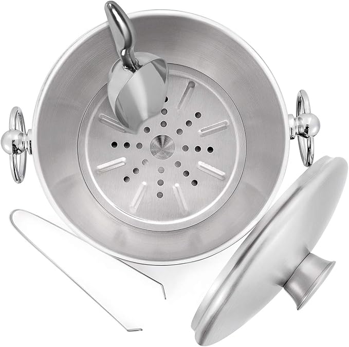 Ice Bucket with Lid, Scoop, Tongs and Strainer - Well Made Insulated Stainless Steel Keep Ice Frozen Longer - Ideal for Cocktail Bar, Parties, Chilling Wine, Champagne - 3 Liter (Stainless Steel)-Ruum Studio Home