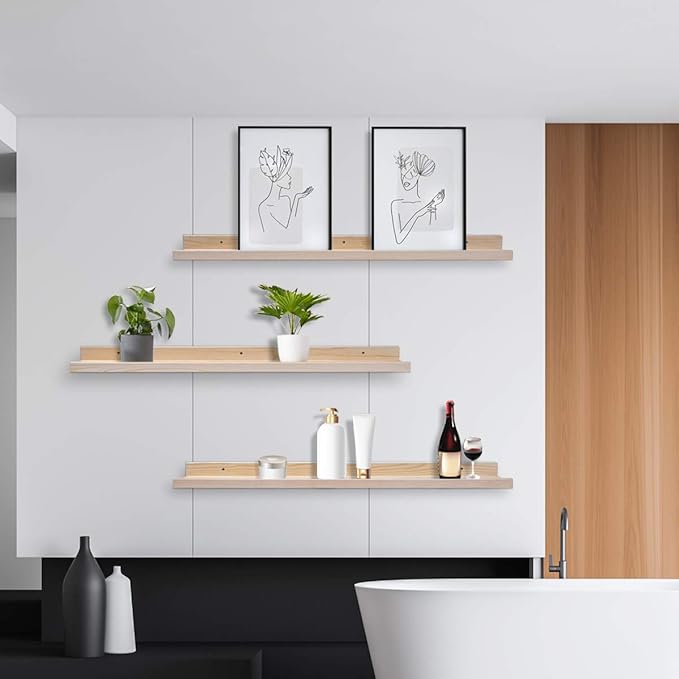 AZSKY 48 Inch Large Wood Floating Shelves for Wall Set of 3, Rustic Natural Picture Ledge Shelf Decor for Bedroom Kitchen Bathroom Living Room Nursery Display, 3 Same Sizes-Ruum Studio Home