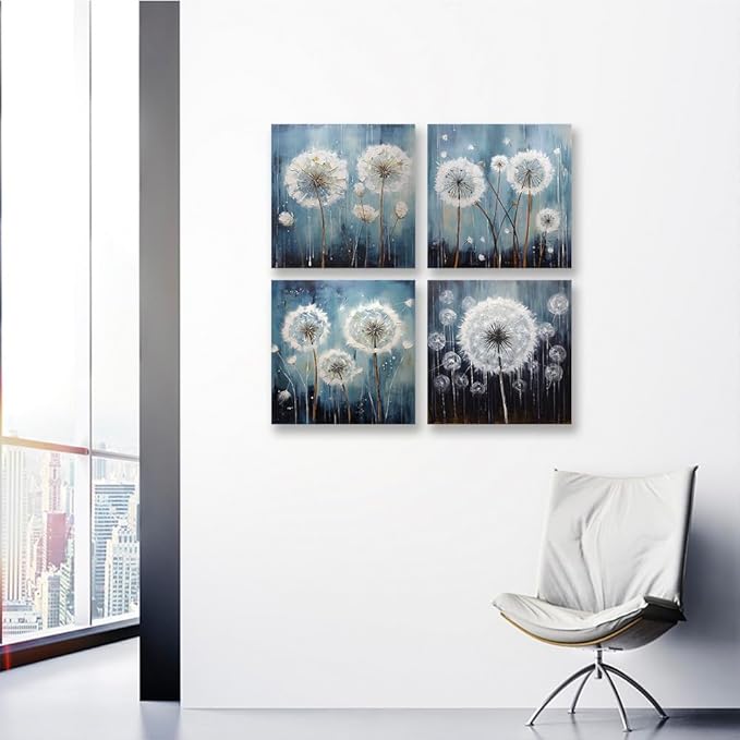 RUISHI Canvas Wall Art For Bathroom Abstract Dandelion Painting for Living Room Girls Bedroom Modern Abstract Flower Prints Artwork Home Office Decoration 12L x 12W-Ruum Studio Home