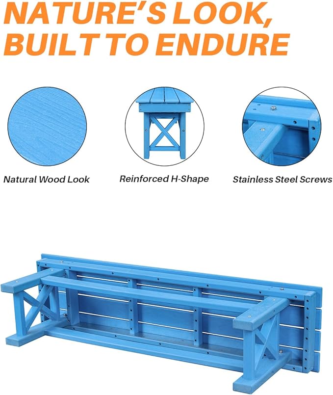HDPE Outdoor Bench, 55" Patio Bench Outdoor Furniture, Poly Lumber Adirondack Benches, All Weather HDPE Patio Garden Backless Benches for Park, Poolside, Deck, Porch, Sky Blue-Ruum Studio Home