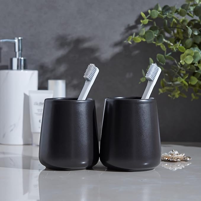 Matte Black Toothbrush Holders for Bathroom - 2Pcs Ceramic Tooth Brushing Holder Set, Toothpaste Holder, Reusable Toothbrush Mouthwash Cups, Space-Saving Design for Bathroom Countertop-Ruum Studio Home