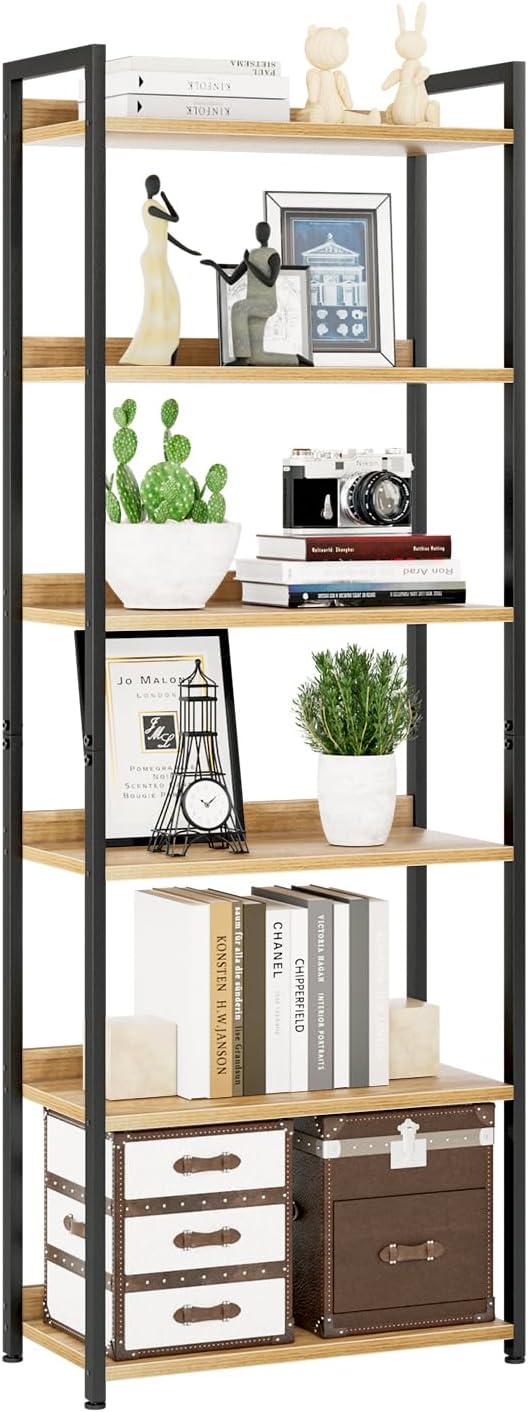 NUMENN Bookshelf, 6 Tier Bookshelves, Home Office Bookcase Shelf Storage Organizer, Free Standing Storage Shelving Unit for Bedroom, Living Room and Home Office, Natural-Ruum Studio Home
