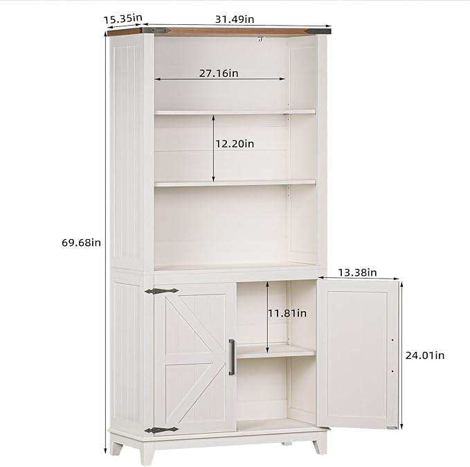 5 Tier Bookshelf 70in Tall Bookcase with Barn Doors and Storage Cabinet, White Farmhouse Book Shelf with Adjustable Shelves, Wood Freestanding Display Bookshelves for Bedroom, Living Room-Ruum Studio Home