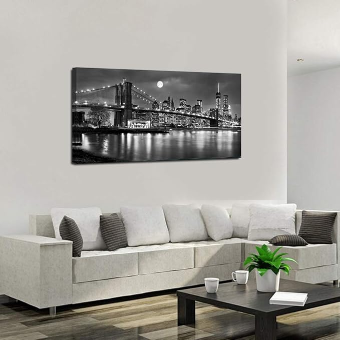 LevvArts - Black and White New York Picture Brooklyn Bridge Canvas Wall Art Full Moon Night Manhattan City Poster Canvas Print Framed Gallery Wrapped Modern Home Office Decoration-Ruum Studio Home