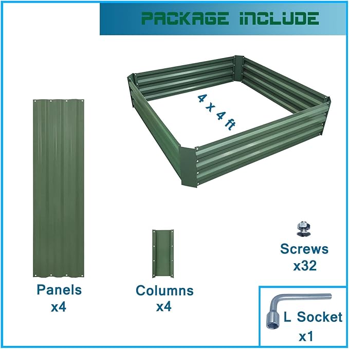 4x4x1ft Metal Raised Garden Bed Kit，Galvanized Garden Bed Box for Vegetables, Flowers, Herbs, and Succulents,120 Gallon Capacity - Green-Ruum Studio Home