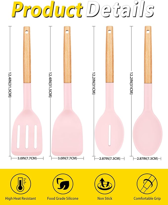 Pack of 4 Silicone Cooking Utensils Set, Non Stick Solid Spatulas and Heat Resistant Slotted Spoons with Wooden Handle, Ideal Wood Kitchen Utensils Set for Frying,Serving,Turning,Stirring (PINK)-Ruum Studio Home