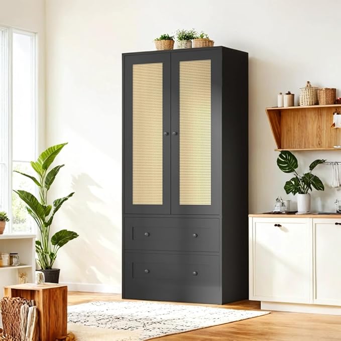 64.2" Tall Rattan Black Kitchen Pantry, Storage Cabinet with Doors and Drawers, Freestanding Wooden Organizer for Kitchen, Dining Room-Ruum Studio Home
