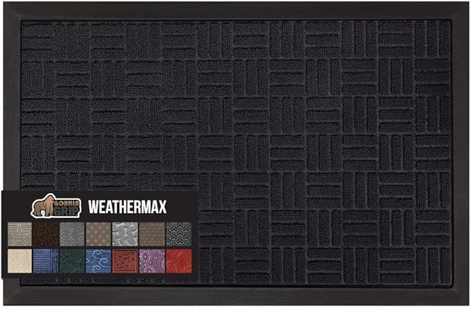 GORILLA GRIP 100% Waterproof All-Season WeatherMax Doormat, 60x24, US Designed Natural Rubber, Stain and Fade Resistant, Low Profile Indoor Outdoor Door Mats, Easy Clean Patio Mat, Midnight Maze-Ruum Studio Home