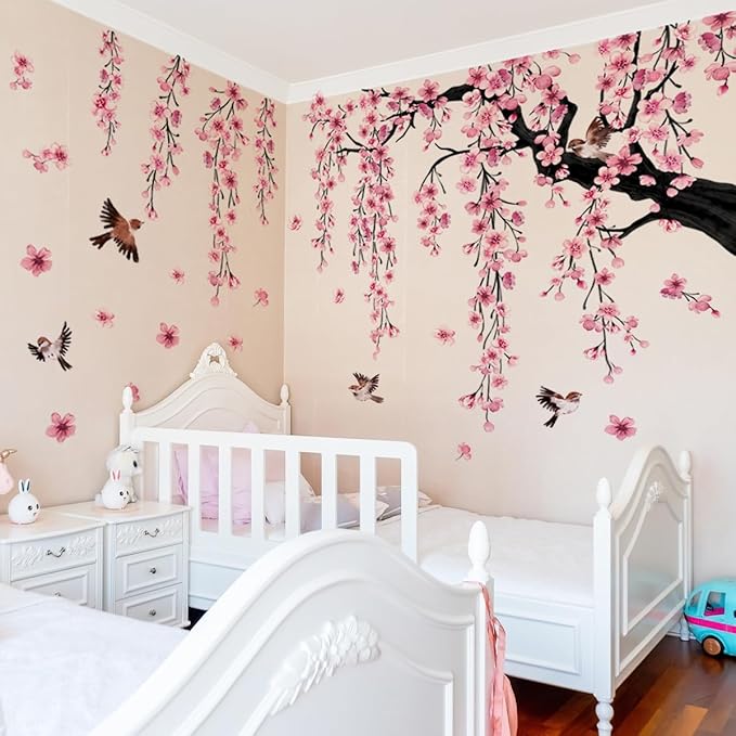 Runtoo Large Cherry Blossom Tree Wall Decals Peel and Stick Pink Floral Wall Art Stickers for Living Room Bedroom Nursery Flower Decor-Ruum Studio Home