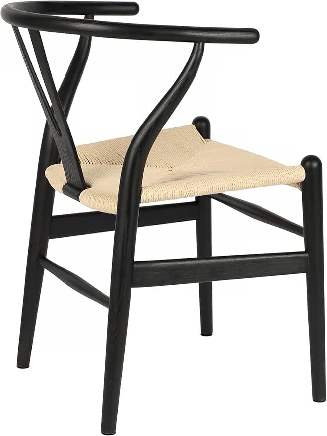 Tomile Solid Wood Wishbone Chair Y Chair Mid-Century Armrest Dining Chair, Hemp Seat (Ash Wood - Black with Natural seat.)-Ruum Studio Home