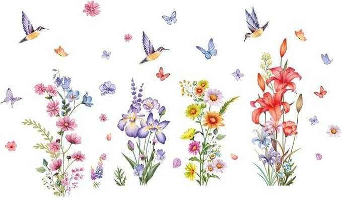 Set of 40 PCS Hello Spring Summer Window Cling Sticker Daisy, Sunflower, Birds, and Butterfly Window Stickers, Spring and Summer Decor, Home, Shop Window Glass Display Stickers (Floral with Birds)-Ruum Studio Home