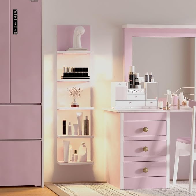 5 Tier Wall Shelf Unit,Modern Vertical Lack Wall Shelves with Light, Wall Mount, Floating Column Home Decor Shelves for Bedroom, Living Room, Vanity Storage Display(Pink)-Ruum Studio Home