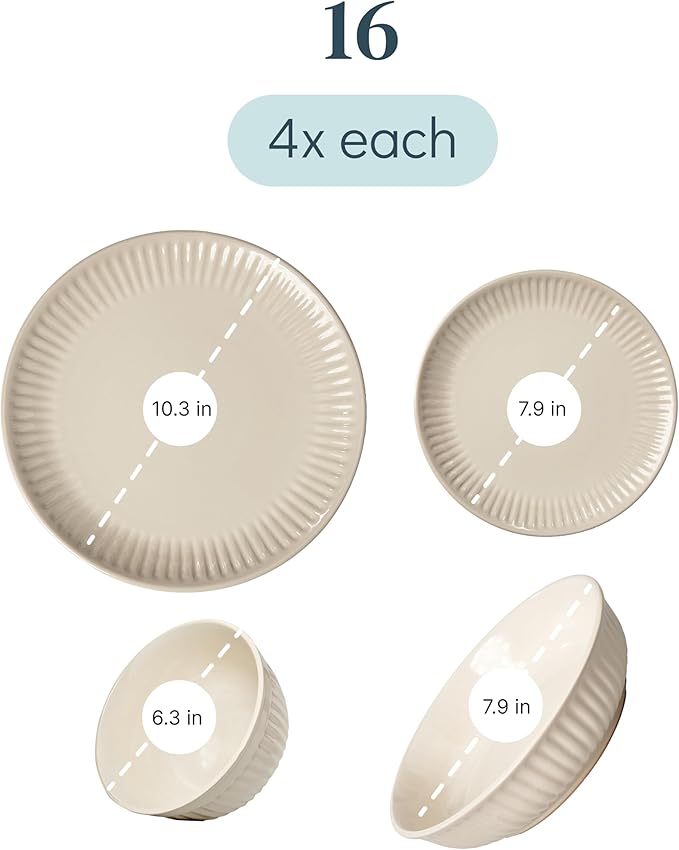 Stoneware Dinnerware Set for 4 People HYGGE 16-Piece - Elegant Scandi Design - Premium Dish Set - Bowl and Plate Set - Tableware for 4 People in a Ribbed Design - Pure Living in Light Brown-Ruum Studio Home