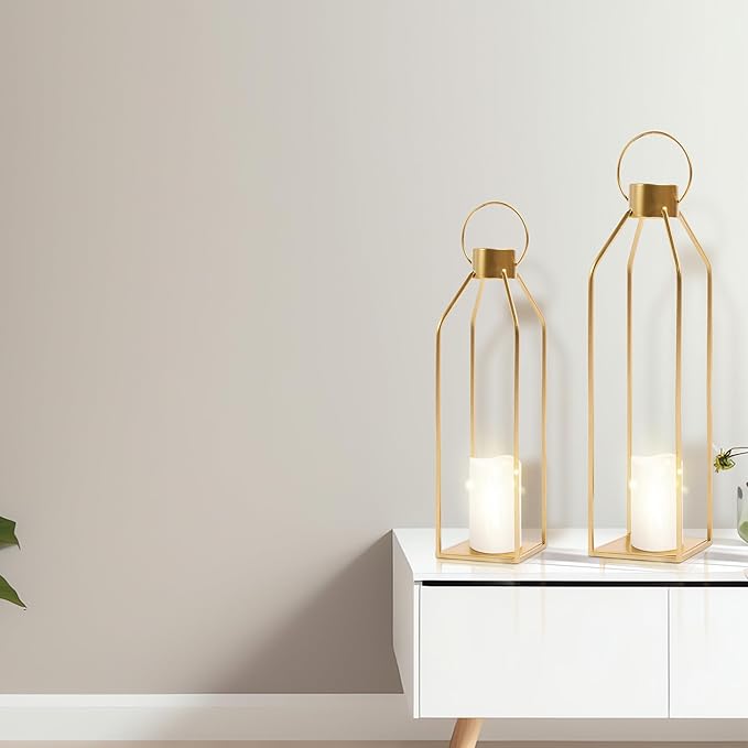 HPC Decor Modern Farmhouse Lantern - 22'' 19'' Large Tall Gold Metal Candle Lanterns with Timer Flickering Candles for Living Room, Outdoor, Fireplace Mantle Decor-Ruum Studio Home