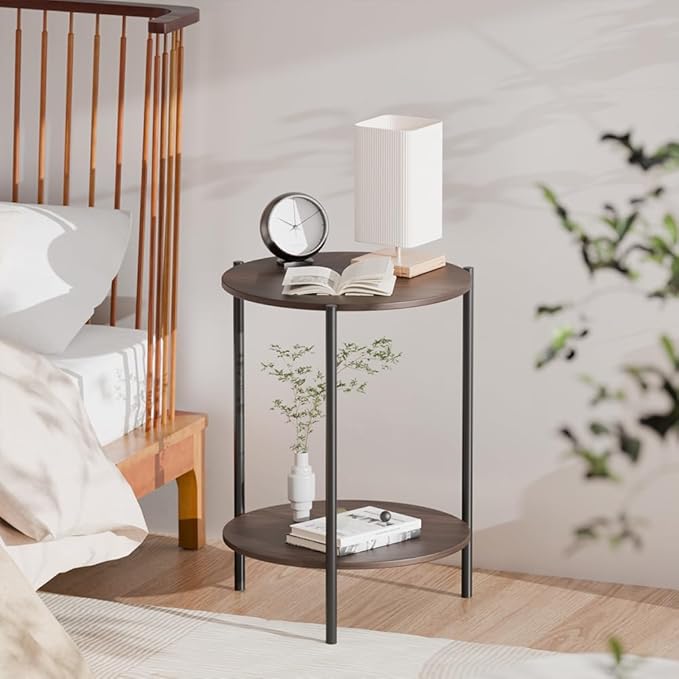 Side Table, Round End Table with 2-Layer Storage Rack, 15.7" Small Spaces Circle Table, Metal Frame Design Small Side Tables, for Living Room, Bedroom, Vintage Wood-Ruum Studio Home