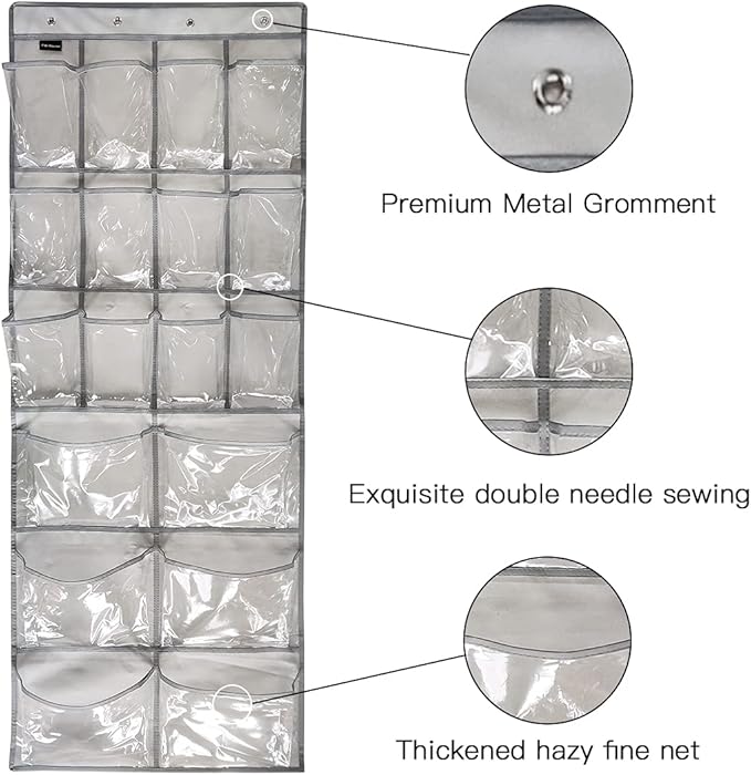 Extra Large Hanging Crystal Clear Over Door Shoe Organizer, Closet Shoe Rack with 12+6 Pockets, 8 Hooks, Grey (59"x 21.6")-Ruum Studio Home