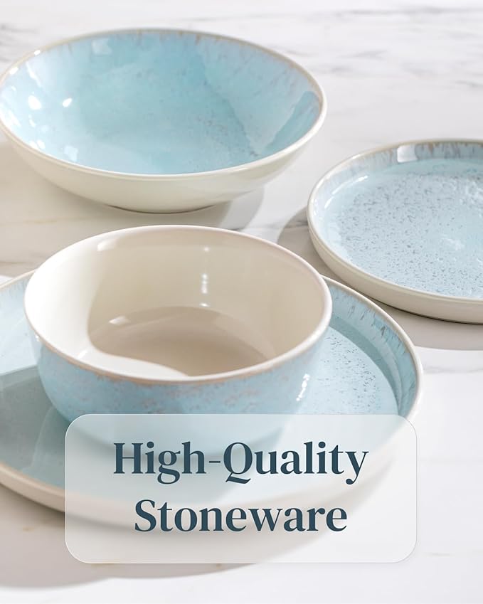 32 Piece Dinnerware Sets for 8 - Modern Style Stoneware Dinnerware Set - Scratch Resistant, Dishwasher Safe Plates and Bowls Sets Ceramic, Dish Set, Bowl and Plate Set - Beige and Blue…-Ruum Studio Home