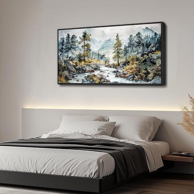 PHAOHUAXM Large Wall Art For Bedroom Wall Decor For Living Room Office Decoration Rivulet View Painting Forest Tree Landscape Watercolour Pictures Canvas Artworks Home Decor Black Framed 24x48 In-Ruum Studio Home