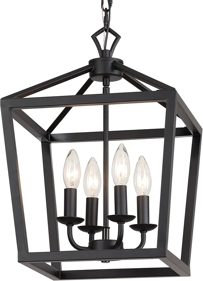 AMZASA Farmhouse Rustic Black Lantern Chandelier Hanging Light Fixture 4-Lights for Kitchen Island Dining Room Hallway Entryway Foyer UL Listed-Ruum Studio Home